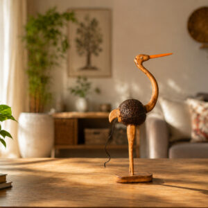 Handcrafted wooden ostrich decorative table lamp made from natural wood and coconut shell