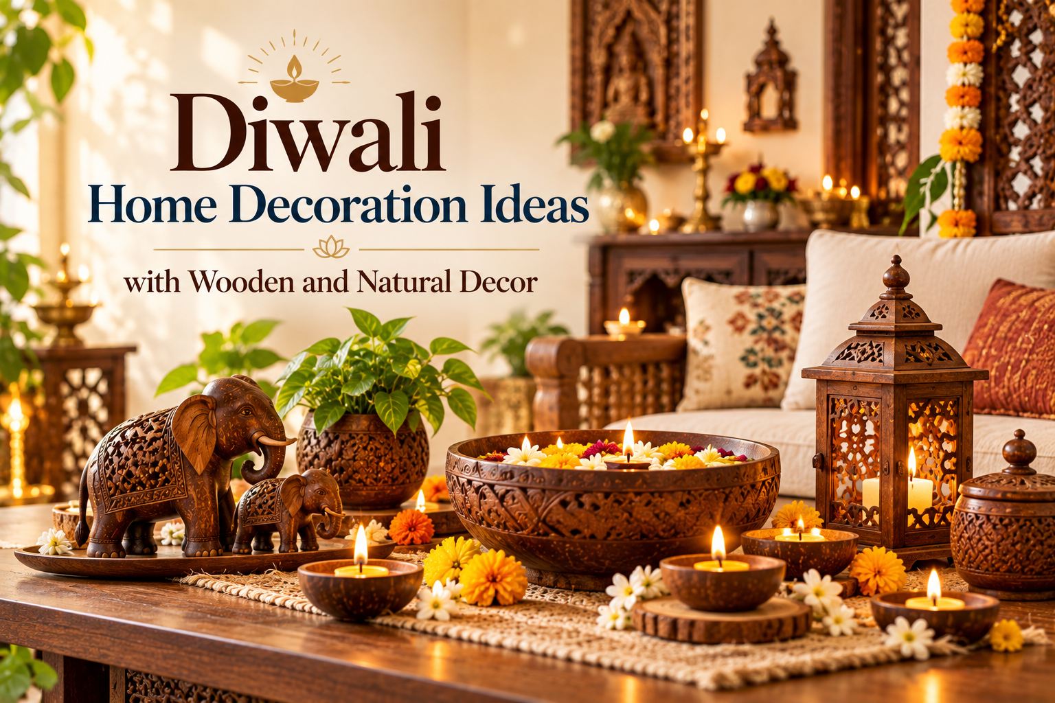 Diwali Home Decoration Ideas with Wooden and Natural Decor