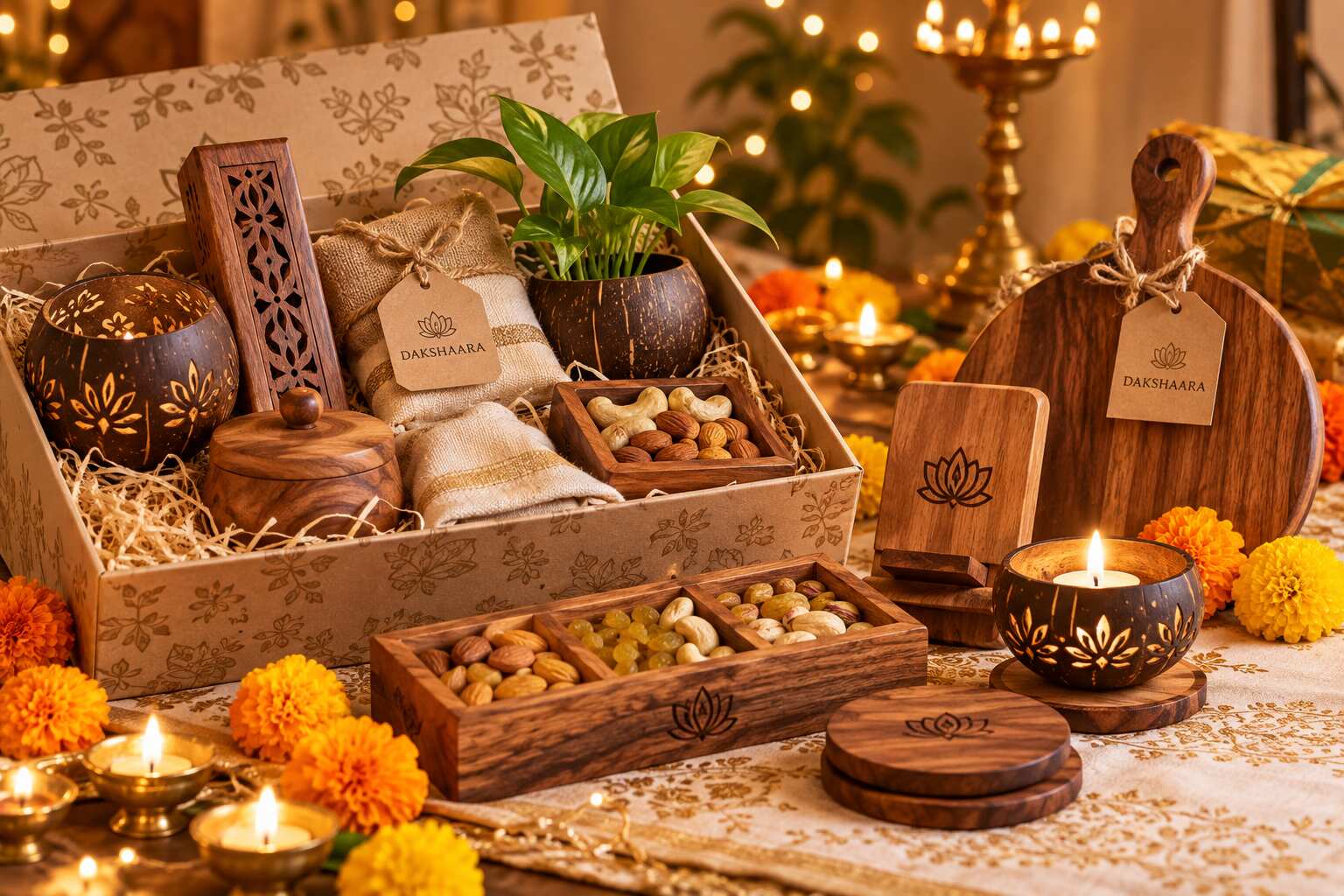 Rustic Diwali Gift Box with Diyas and Marigolds
